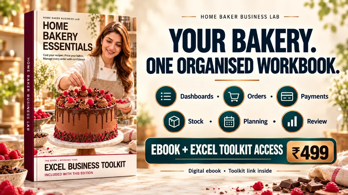 Home Bakery Essentials ebook mockup with the 20-sheet Excel Business Toolkit, ebook plus toolkit access for ₹499